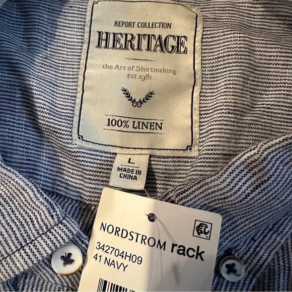 Report Collection Heritage 100% Linen Blue Striped Button Down Shirt Sz L NEW - Picture 5 of 8